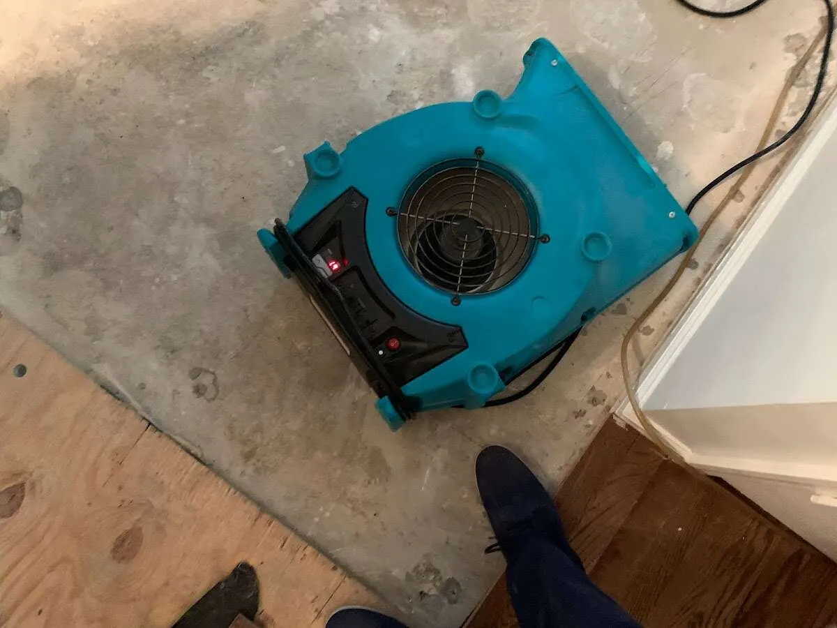 Air mover drying subfloor during Leak Detection & Repair in San Anselmo